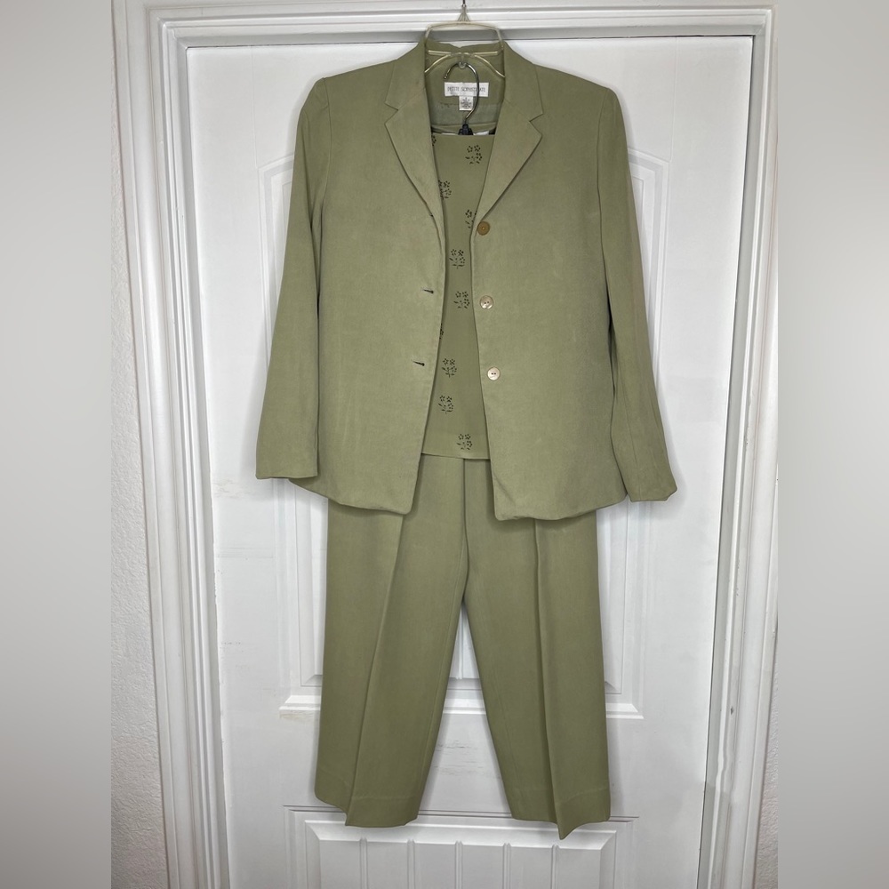 4 Piece Silk Suits Jacket, Dress, Beaded Shell, Pants Sage Green Sz 4,8,6,and 10 - Picture 2 of 14